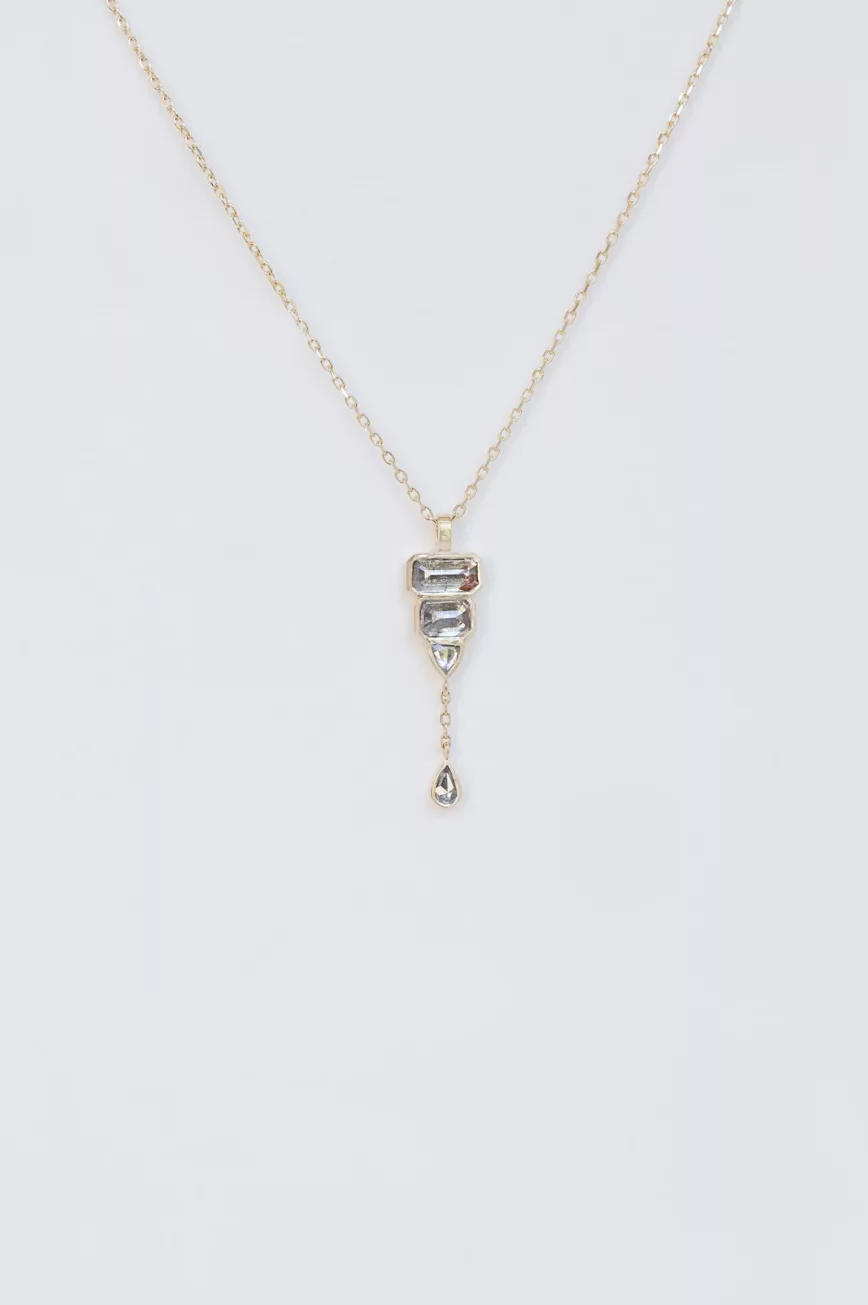 Yellow gold necklace rectangle grey diamond baguette dangling drop pendant Celine Daoust