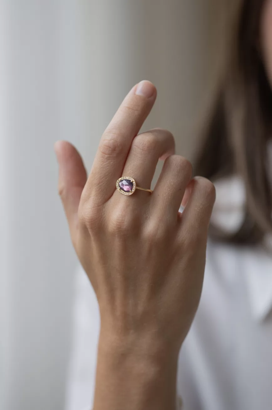 Yellow Gold one of a Kind Stella pink Tourmaline and Diamond Ring
