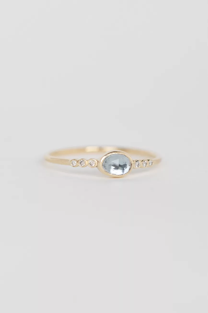 Yellow gold One of a Kind central Aquamarine and tube Diamonds Ring