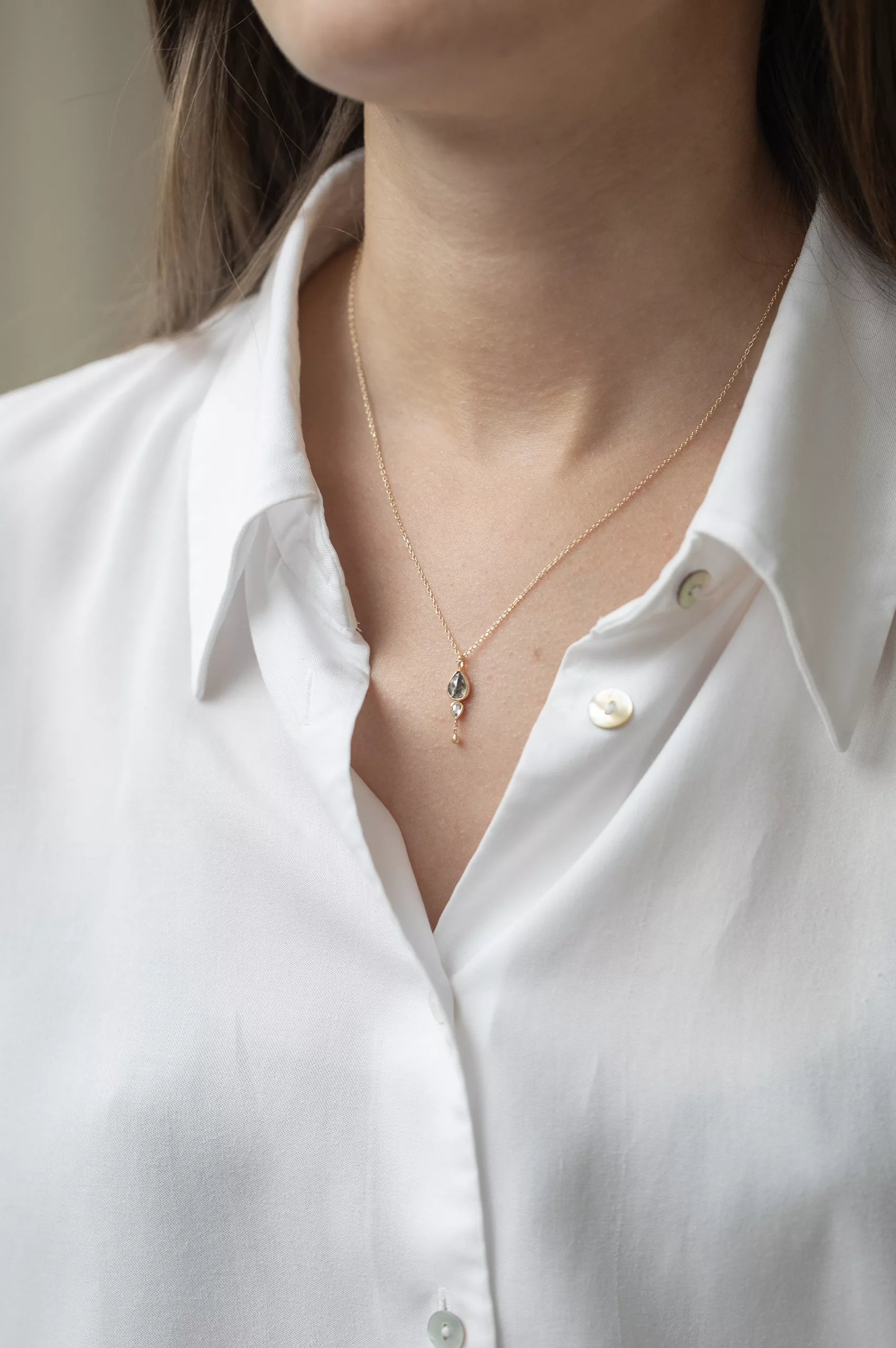 Yellow gold One of a Kind Grey Diamond with trillion diamond and Dangling detail Necklace