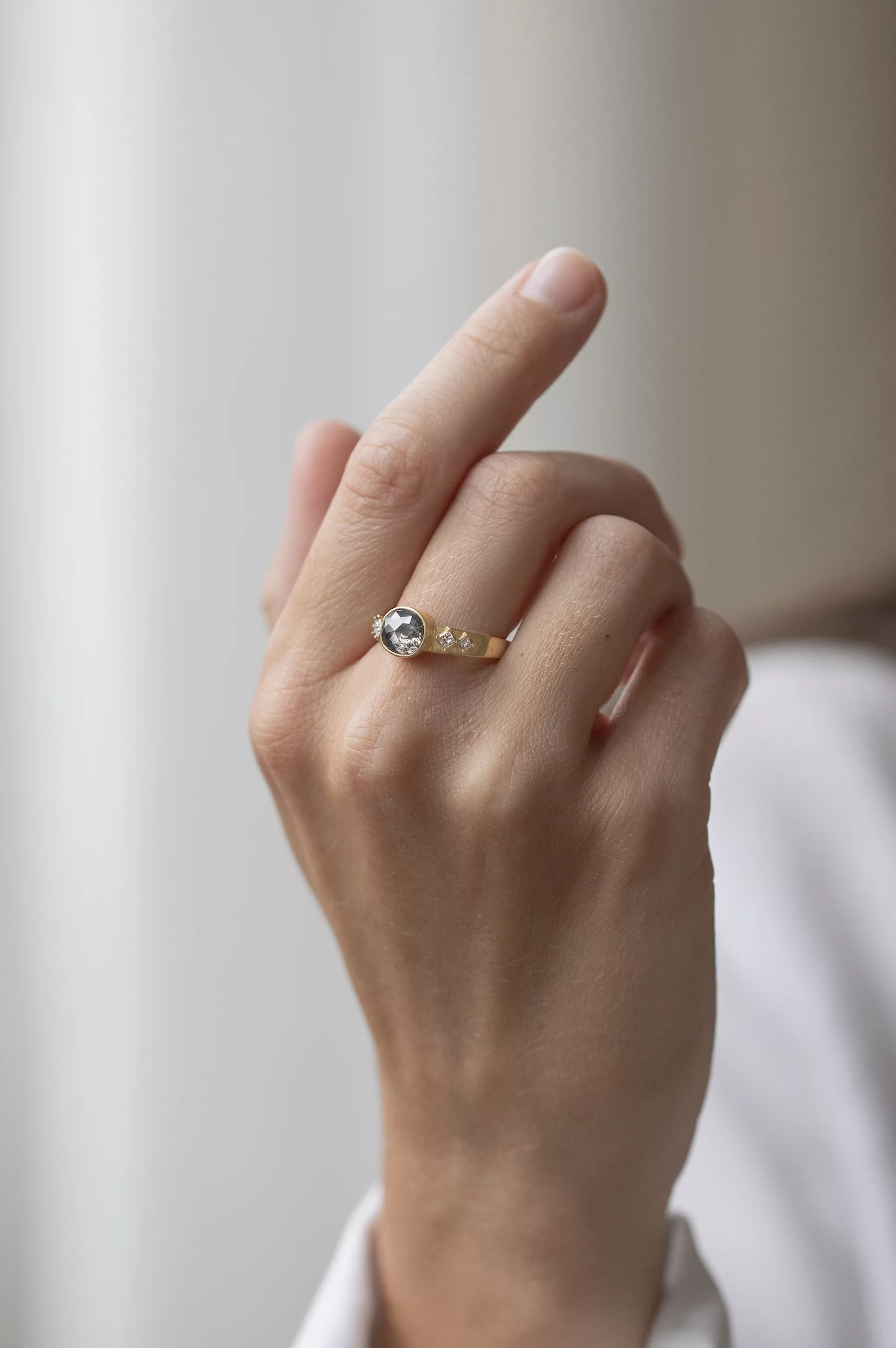 Yellow gold Round Grey Diamond and Square Diamonds Ring
