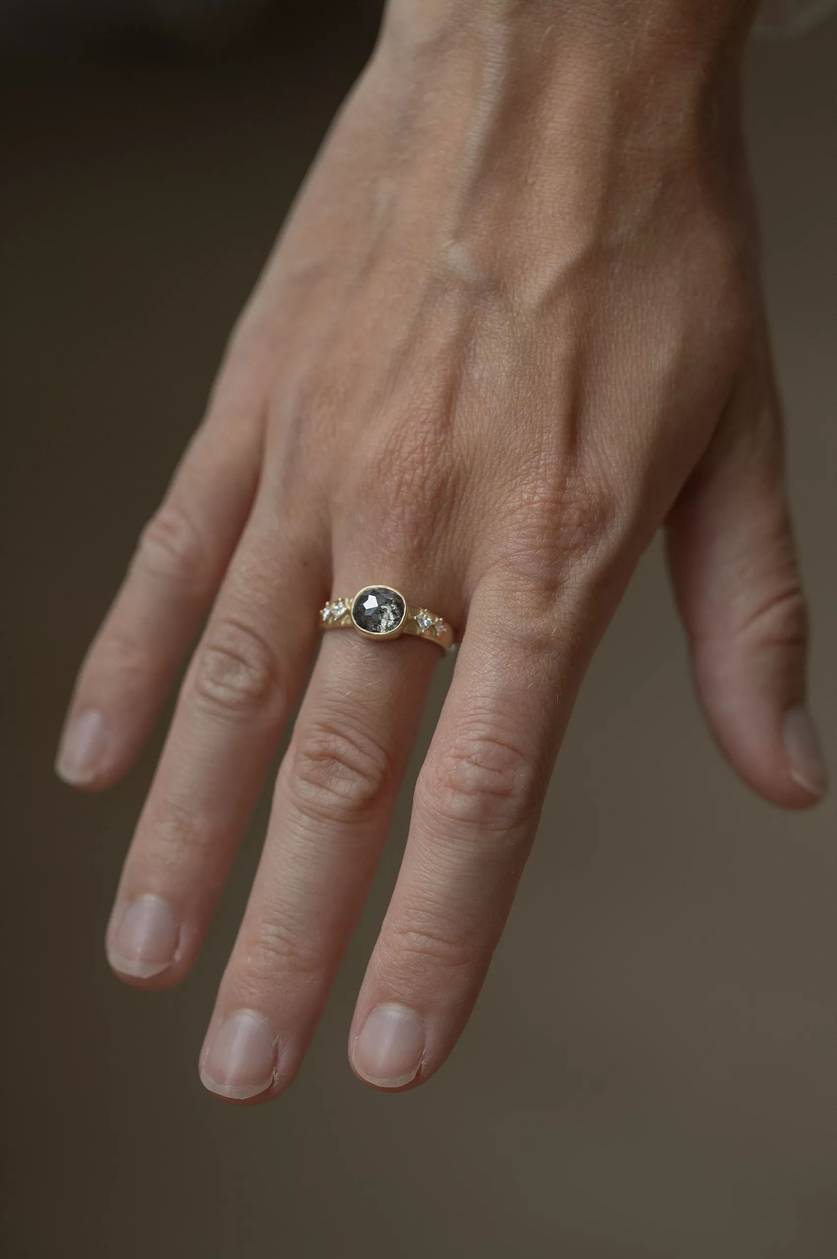 Yellow gold Round Grey Diamond and Square Diamonds Ring