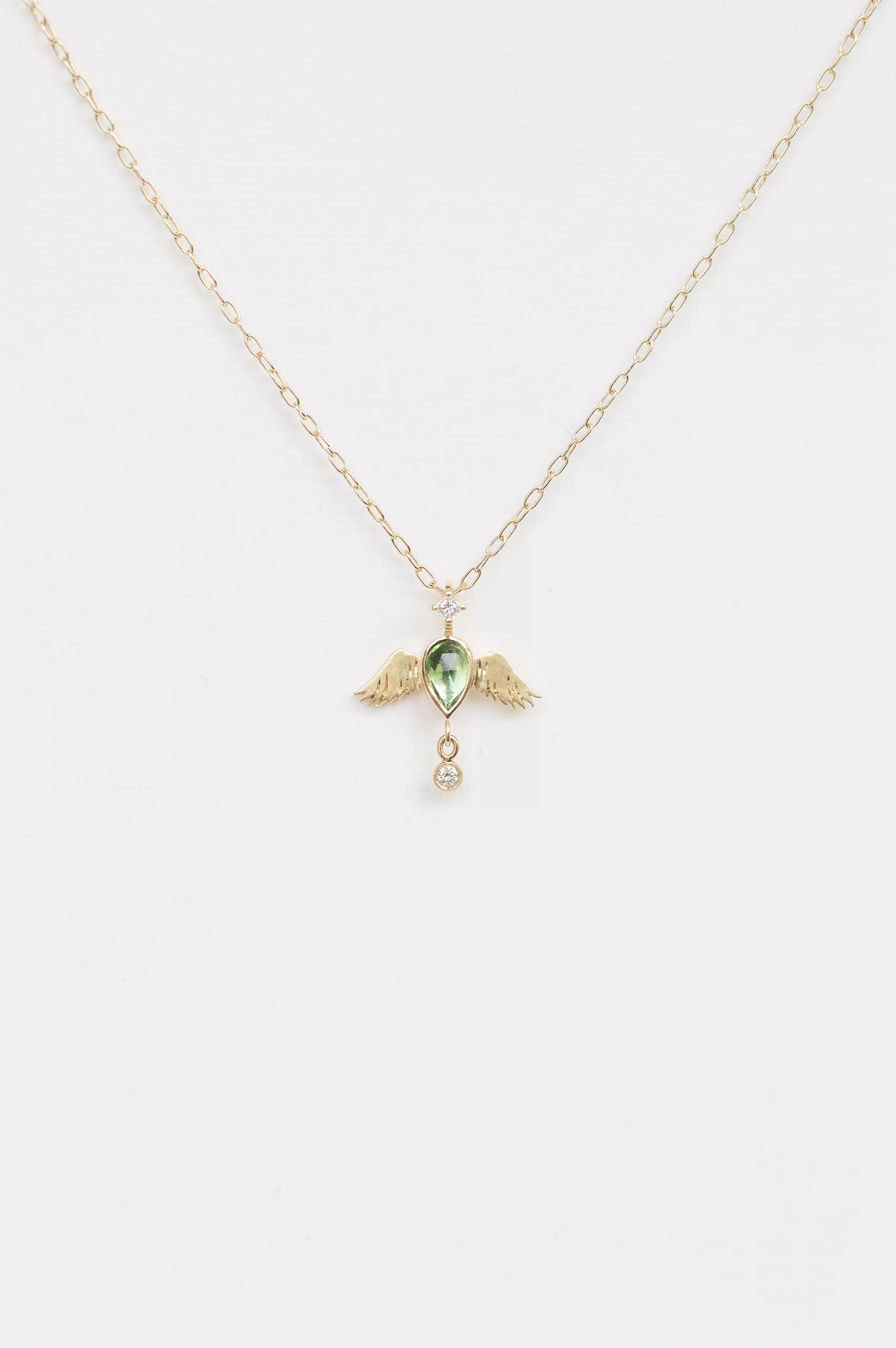 Yellow gold ne of a kind Power green Tourmaline Pear & Diamond Angel Chain Necklace