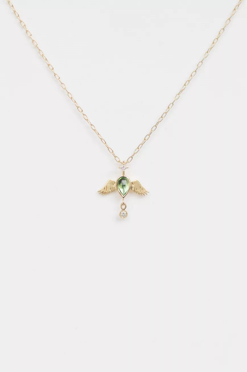 Yellow gold ne of a kind Power green Tourmaline Pear & Diamond Angel Chain Necklace