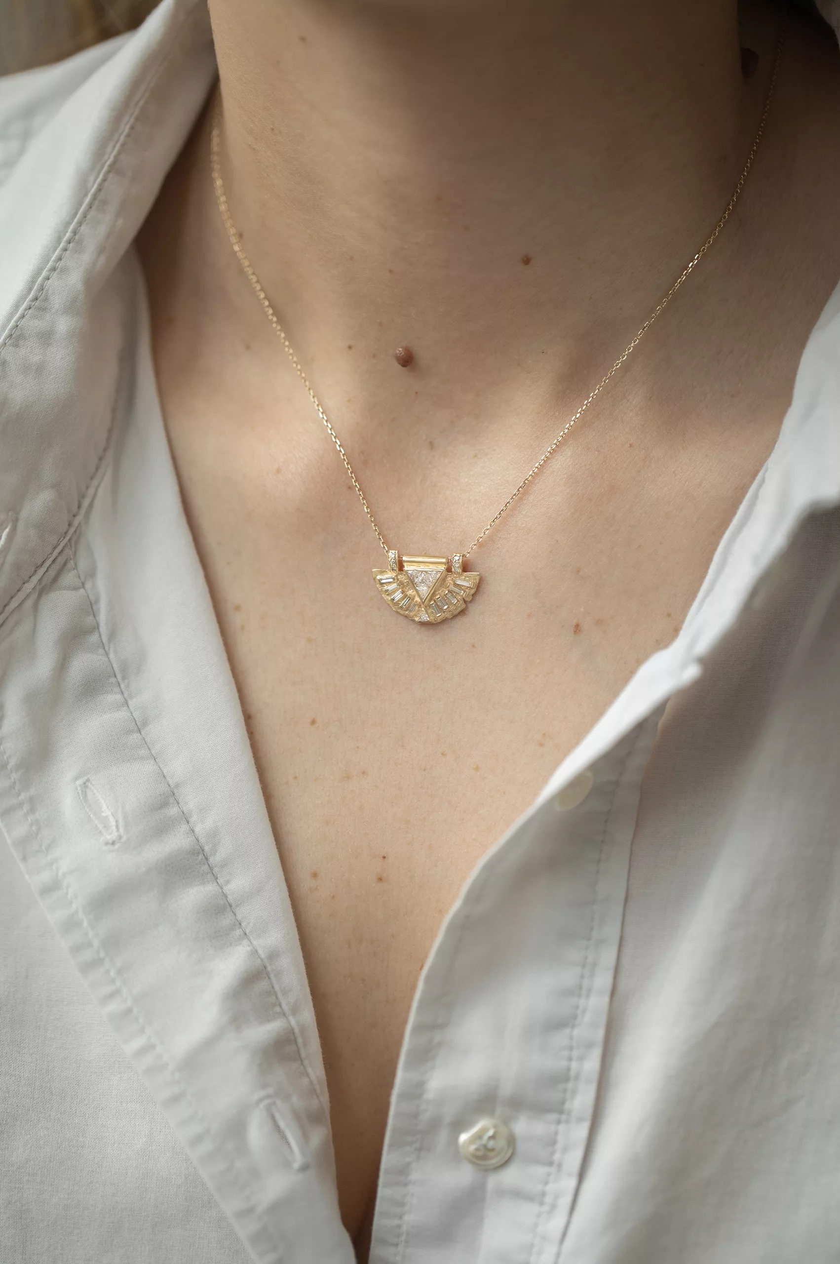 Yellow gold necklace with Four Diamonds and Baguette Diamonds Gold Plate