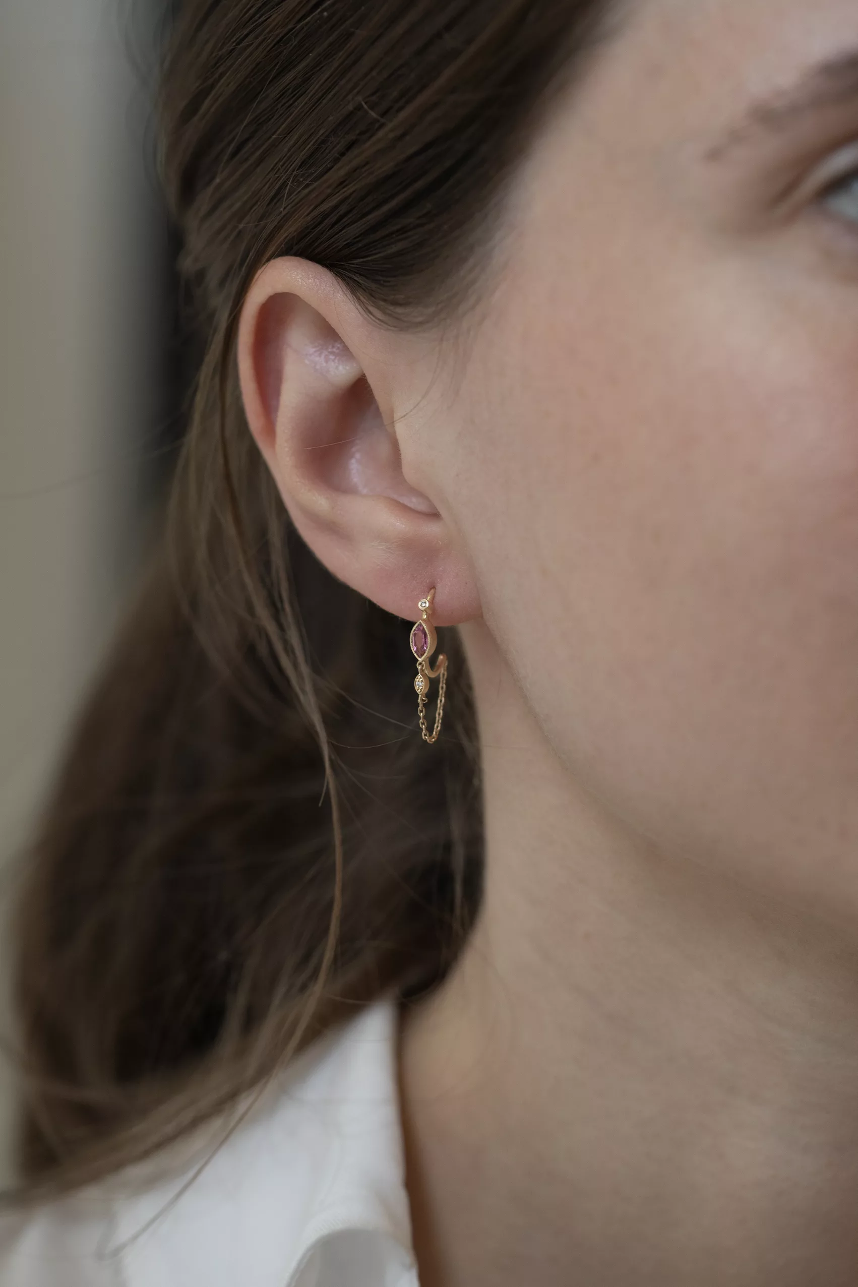 Celine Daoust Yellow gold Tourmaline and diamond eyes single hoop and chain Earring