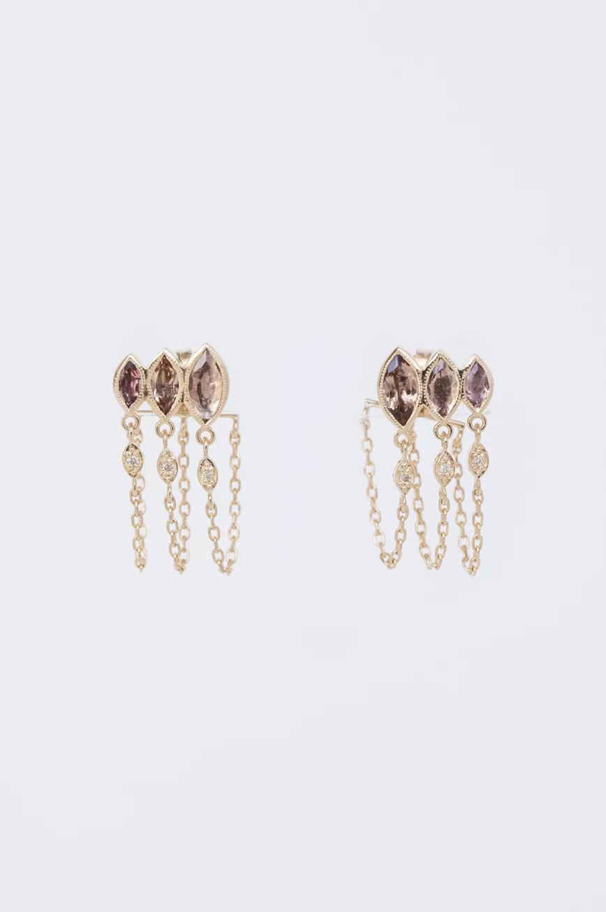 Celine Daoust Yellow gold Triple Marquise Tourmaline and diamond eyes Single Chain Earrings