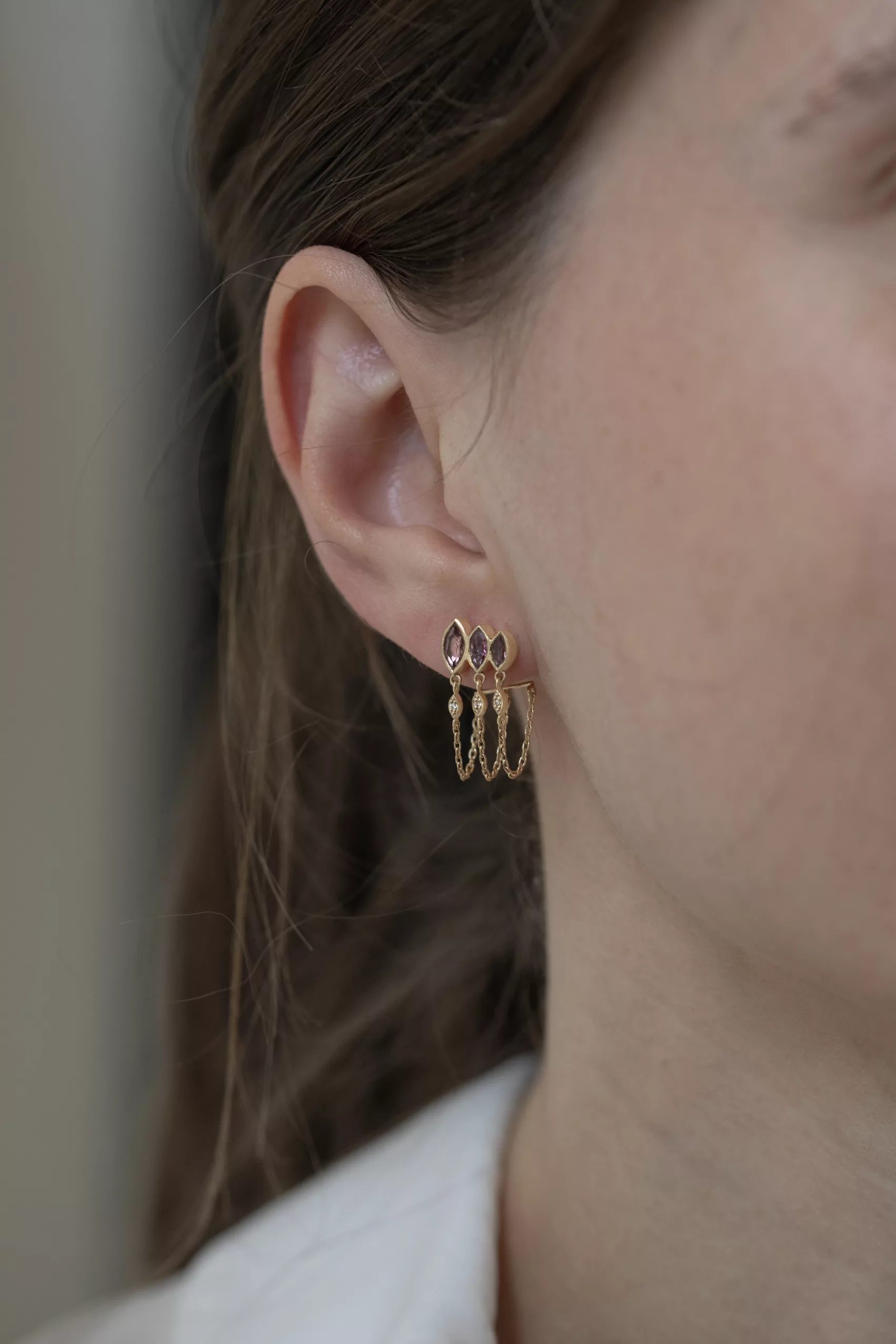Celine Daoust Yellow gold Triple Marquise Tourmaline and diamond eyes Single Chain Earring