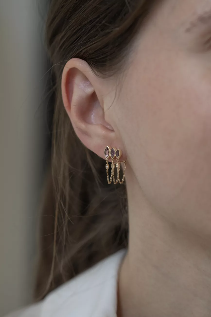 Celine Daoust Yellow gold Triple Marquise Tourmaline and diamond eyes Single Chain Earring
