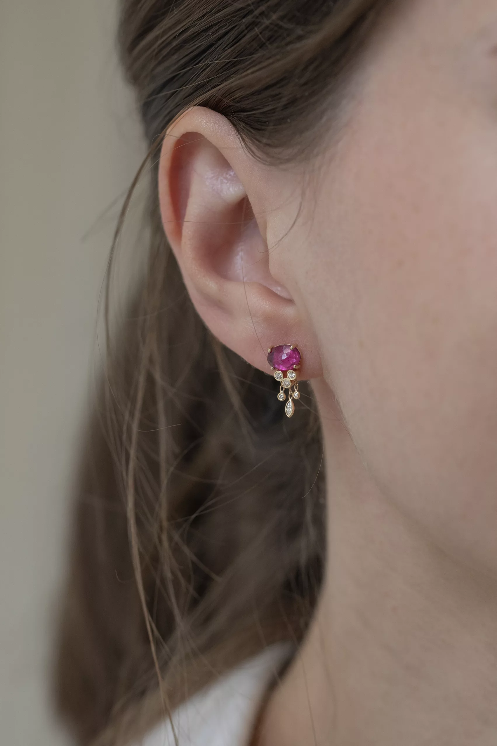 Celine Daoust yellow gold One of a kind pink Tourmaline and Diamonds Dangling Single Earring