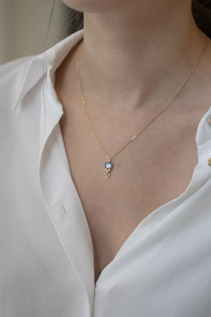 Celine Daoust yellow gold One of a kind blue Sapphire and Dangling Diamonds Jellyfish Necklace