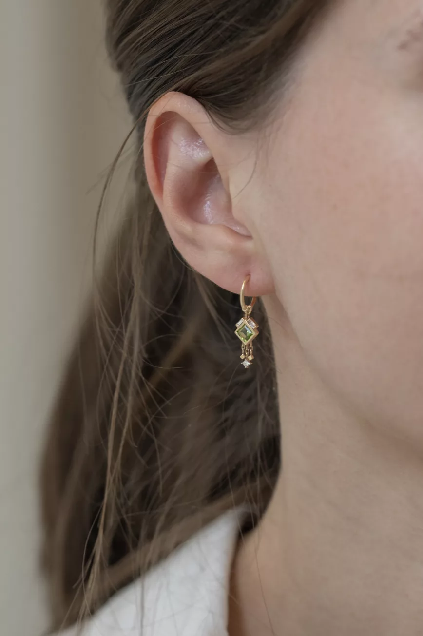 Celine Daoust yellow gold unique Tourmaline Losange and Baguette Diamond Hoop Single Earring