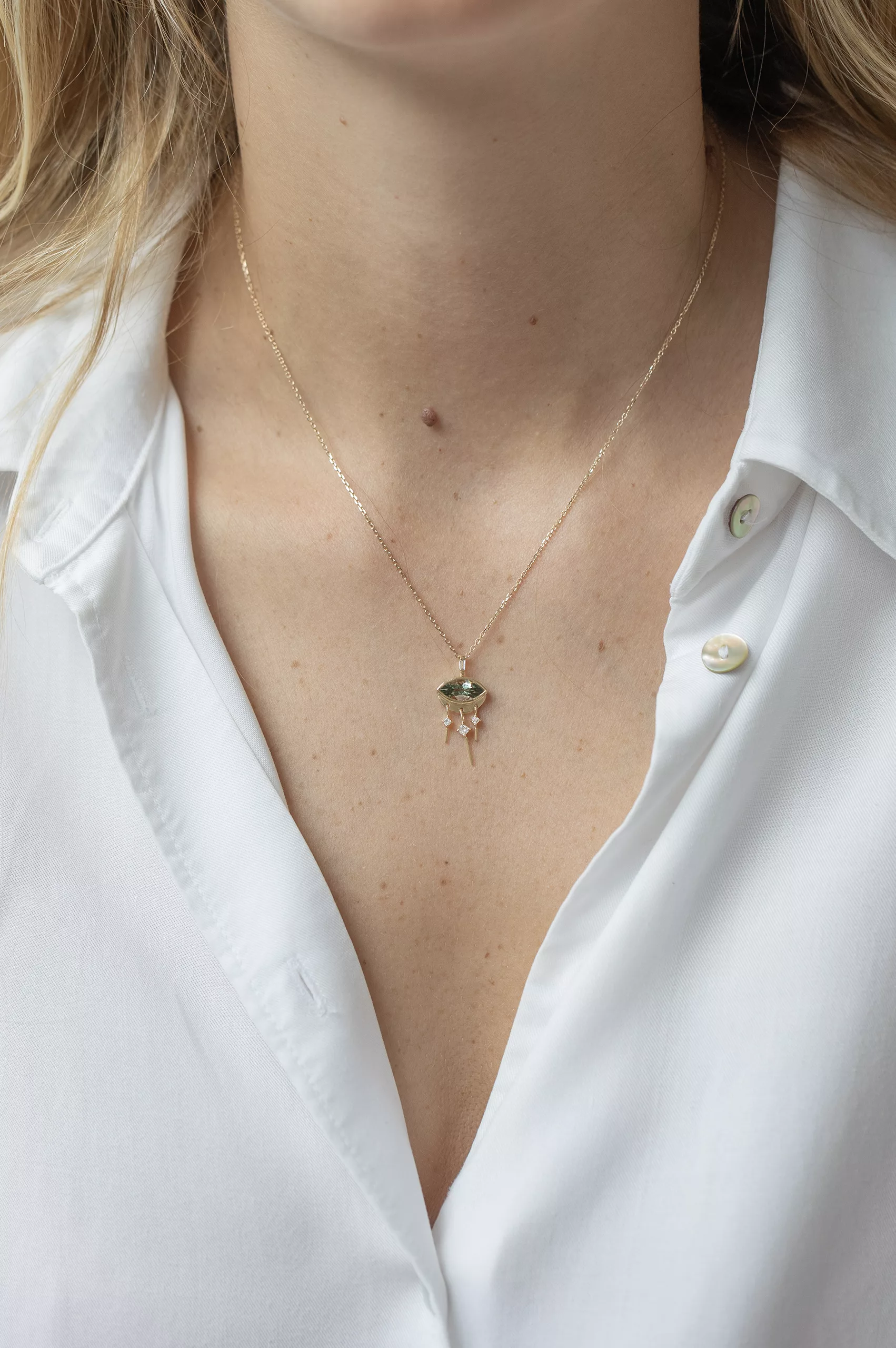 Celine Daoust yellow gold Tourmaline Marquise Eye & Dangling Diamonds Chain Necklace