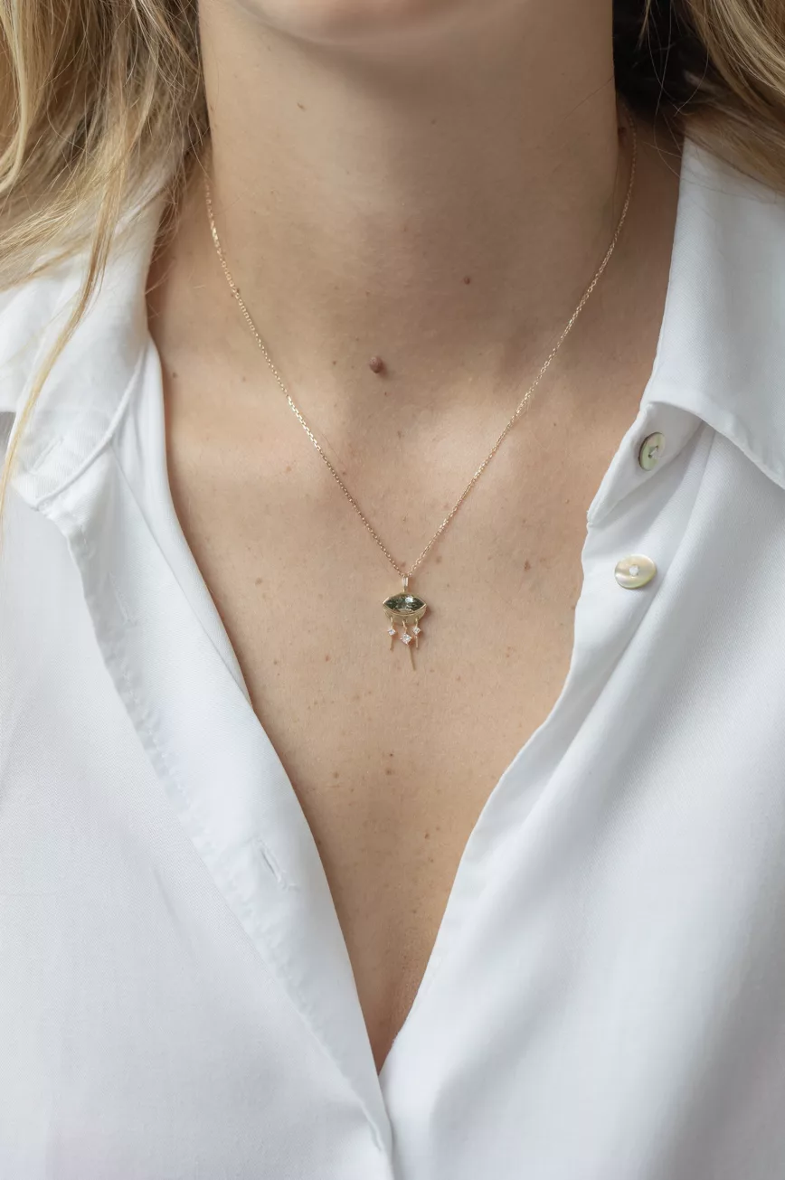 Celine Daoust yellow gold Tourmaline Marquise Eye & Dangling Diamonds Chain Necklace