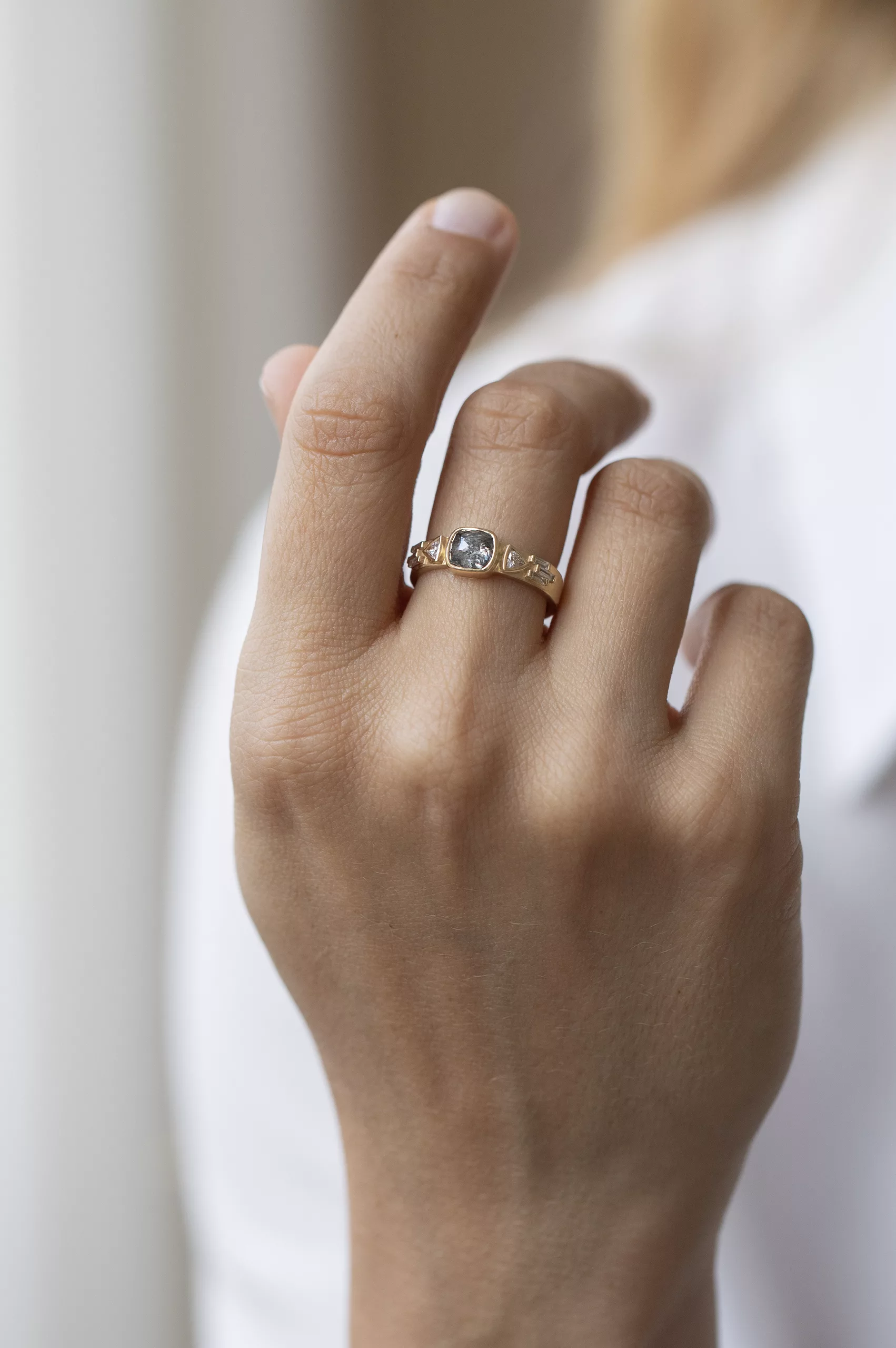 Celine Daoust yellow gold One of a kind_Grey Diamond with Triangle Diamonds & Baguette Diamonds Totem Ring