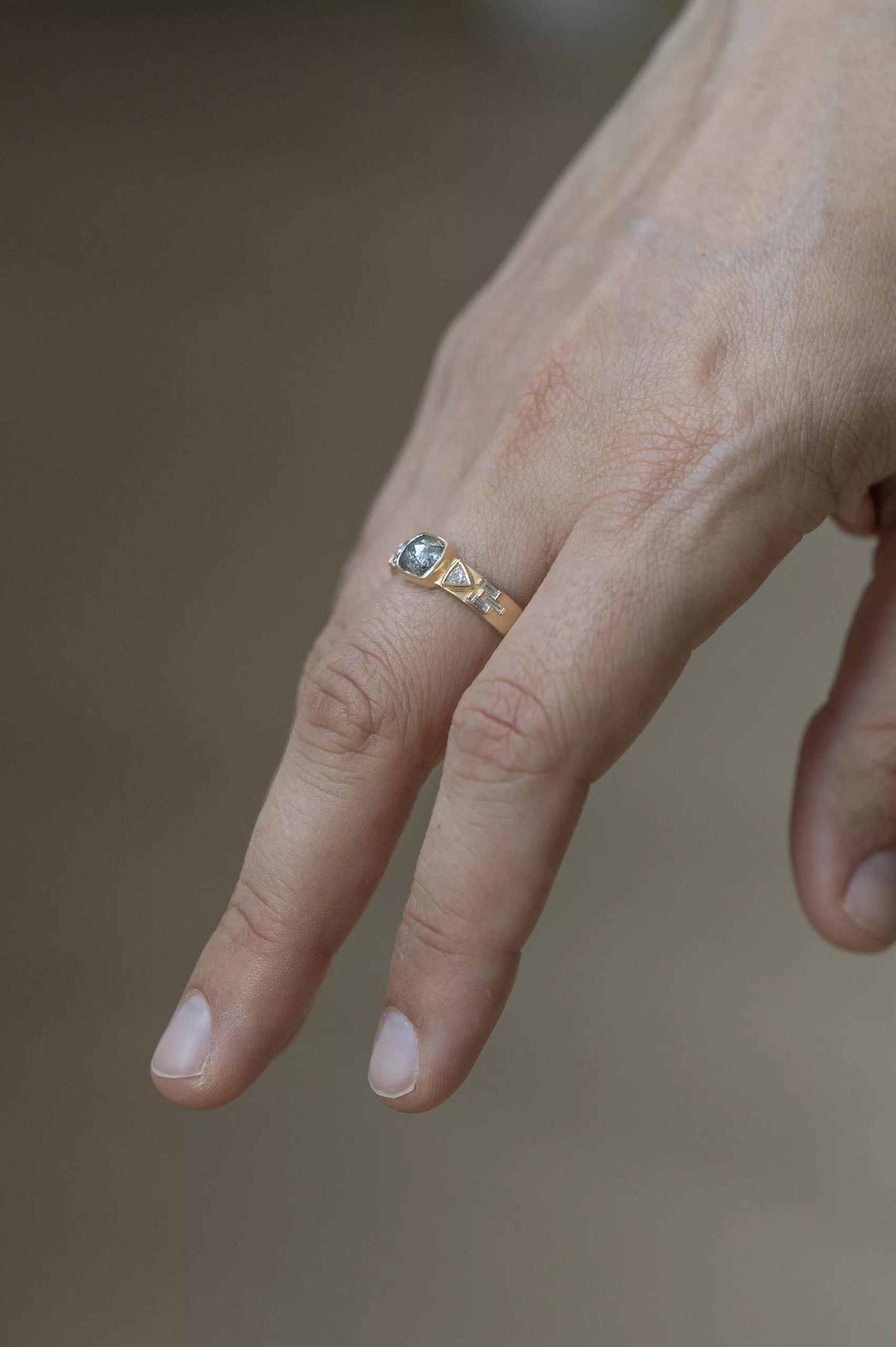 Celine Daoust yellow gold One of a kind_Grey Diamond with Triangle Diamonds & Baguette Diamonds Totem Ring