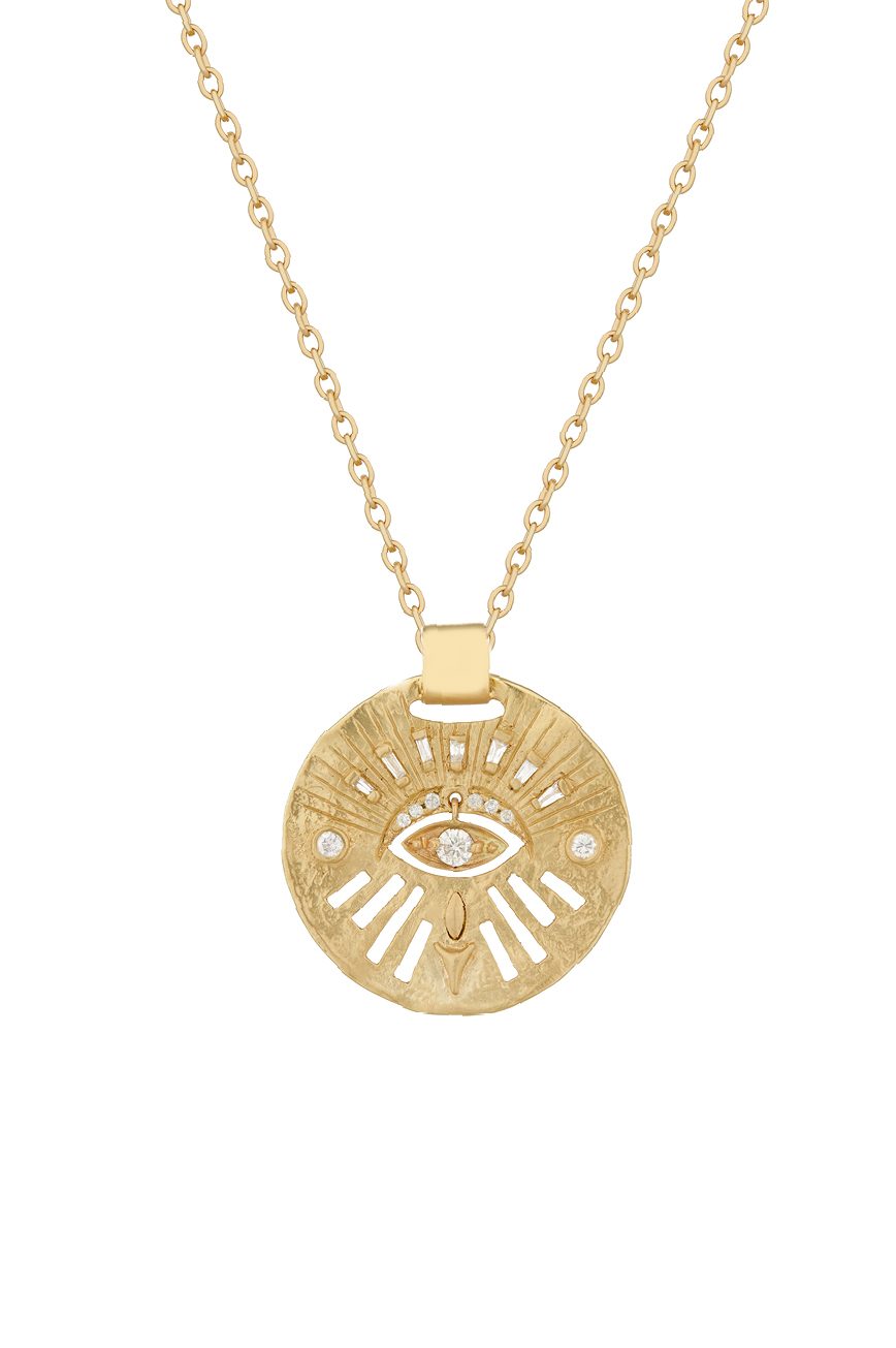 Gold Medal with Diamonds and Dangling Eye Necklace - Celine Daoust ...