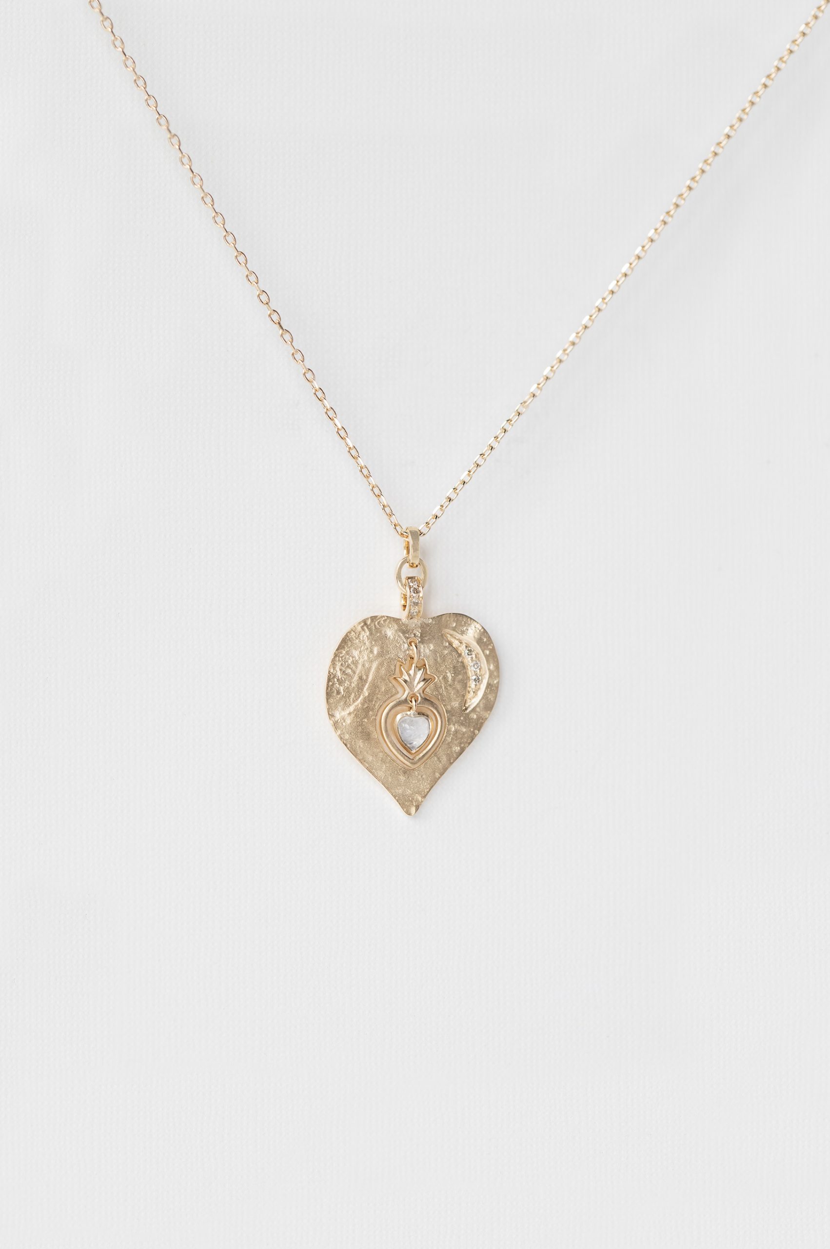 Twin Flame Medal & Dangling Heart Moonstone Necklace